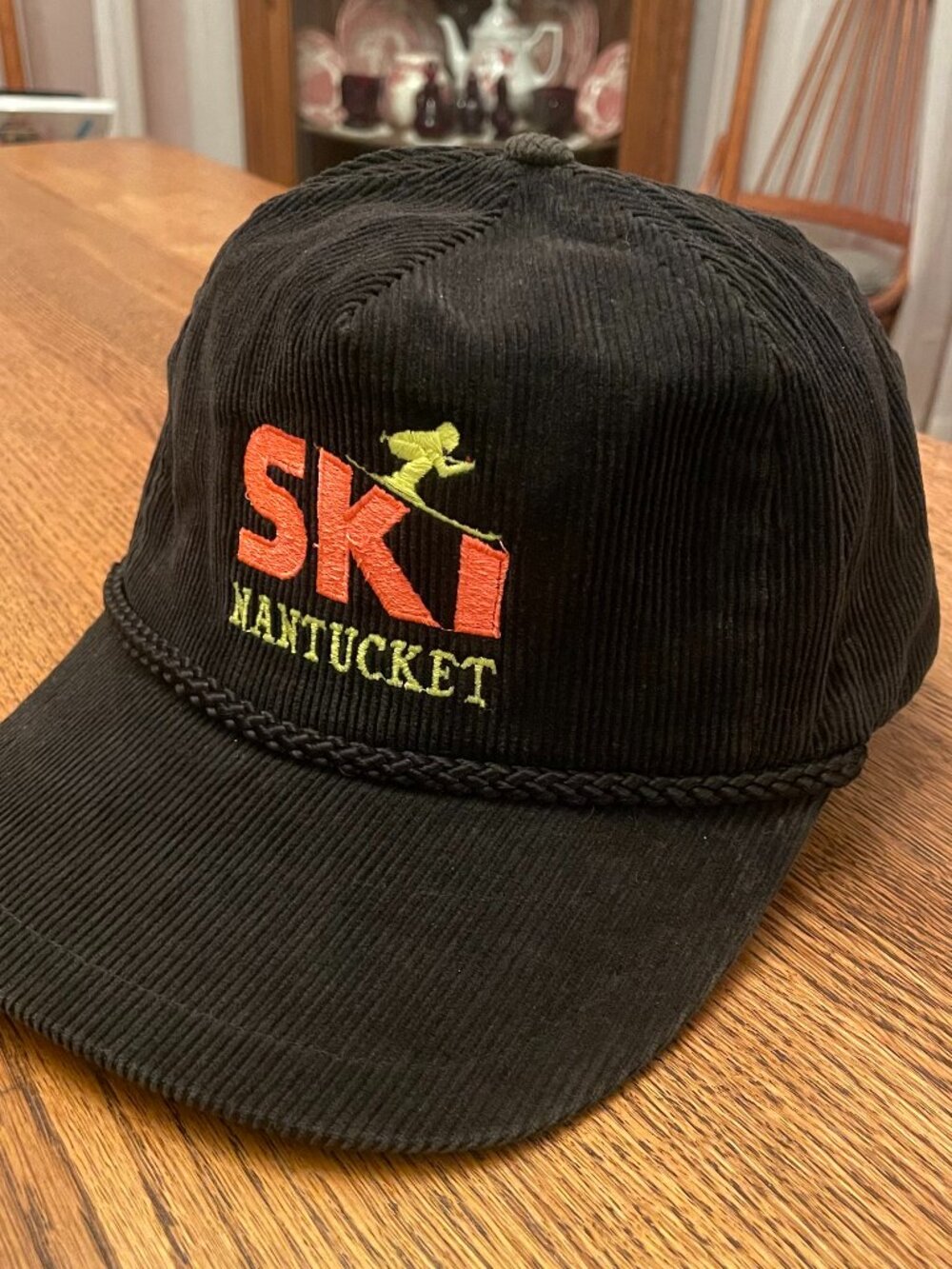 Vintage Ski Nantucket Black Corduroy Hook and Loop Baseball Hat Cap by Universal